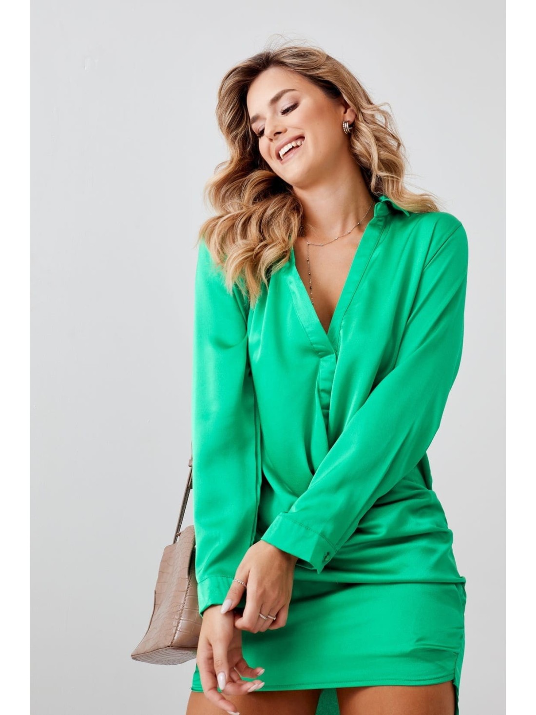 Shirt dress with ruffles, green FG641 - Online store - Boutique